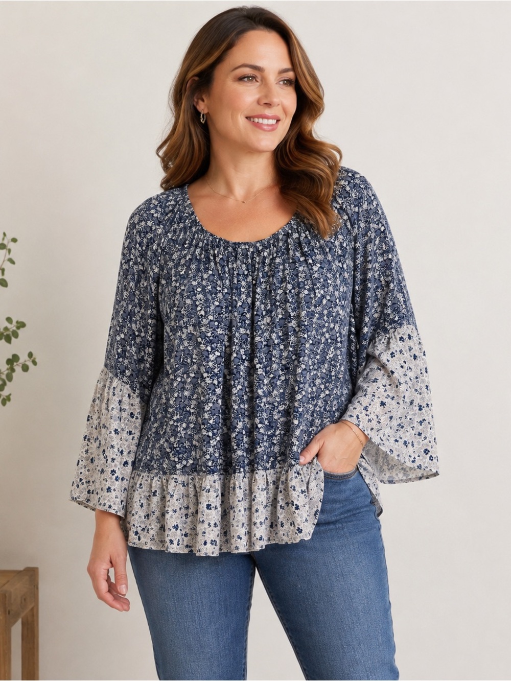 Floral & Vine by Spense Women L Blue White Floral Boho Tunic Blouse 100% Viscose